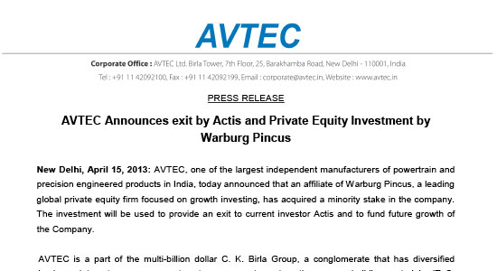 AVTEC Announces exit by Actis and Private Equity Investment by Warburg Pincus( 15th April 2013).